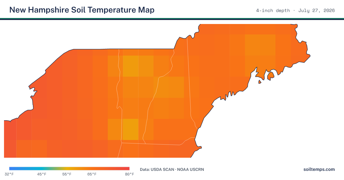 Map of current soil temperatures across New Hampshire at 4-inch depth, interpolated from USDA SCAN and NOAA USCRN stations