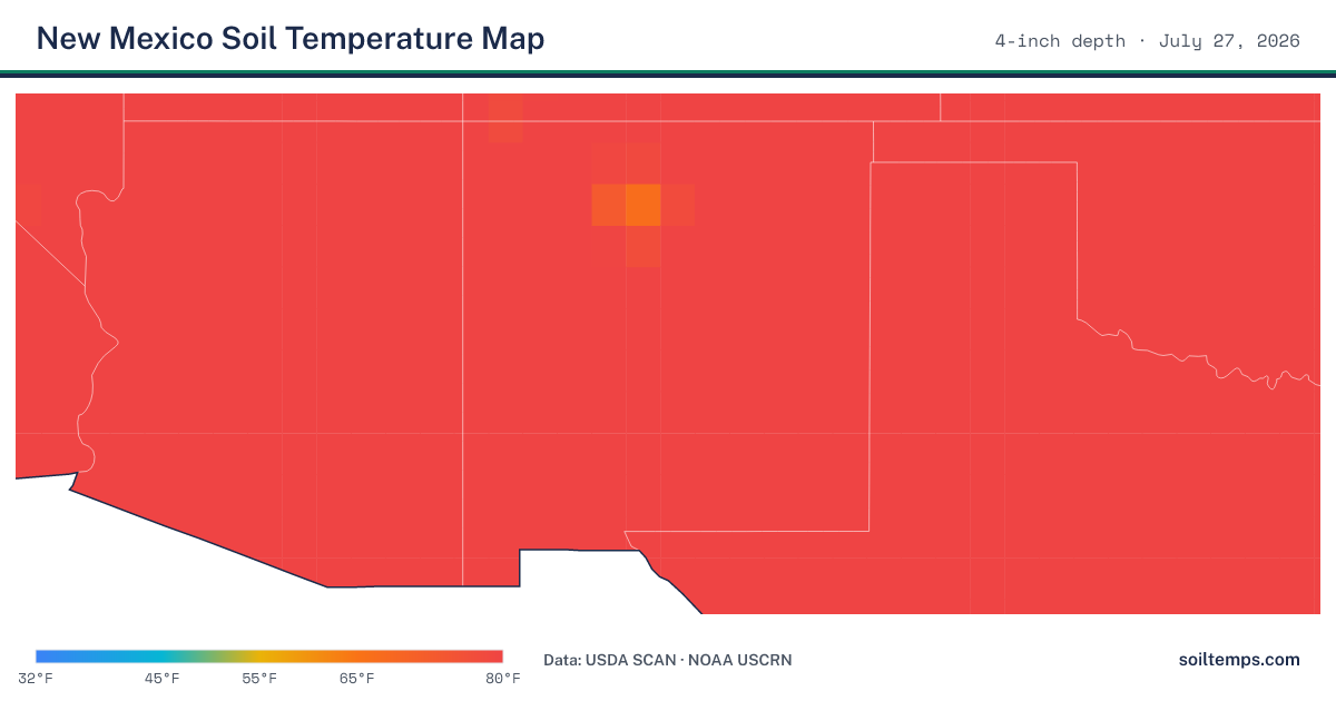 Map of current soil temperatures across New Mexico at 4-inch depth, interpolated from USDA SCAN and NOAA USCRN stations