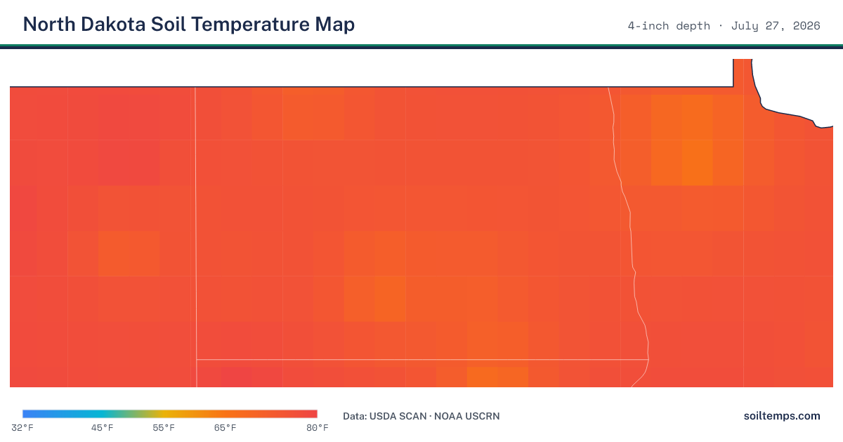 Map of current soil temperatures across North Dakota at 4-inch depth, interpolated from USDA SCAN and NOAA USCRN stations