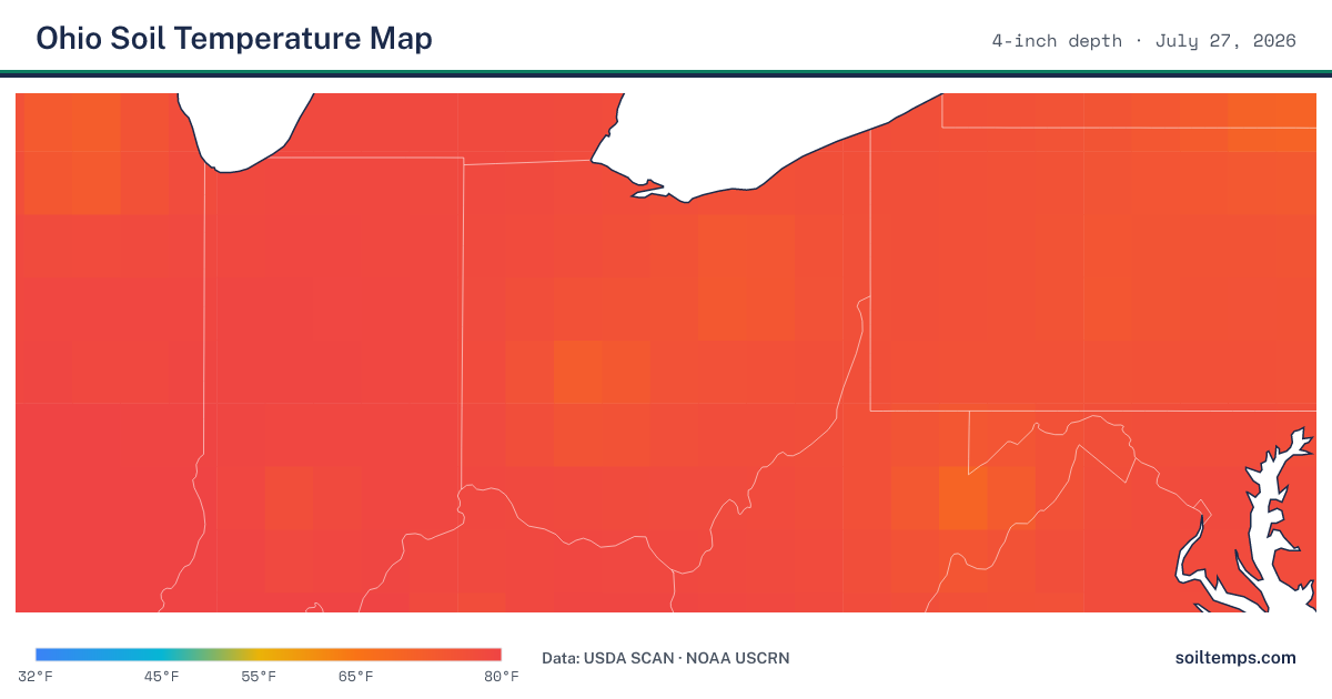 Map of current soil temperatures across Ohio at 4-inch depth, interpolated from USDA SCAN and NOAA USCRN stations