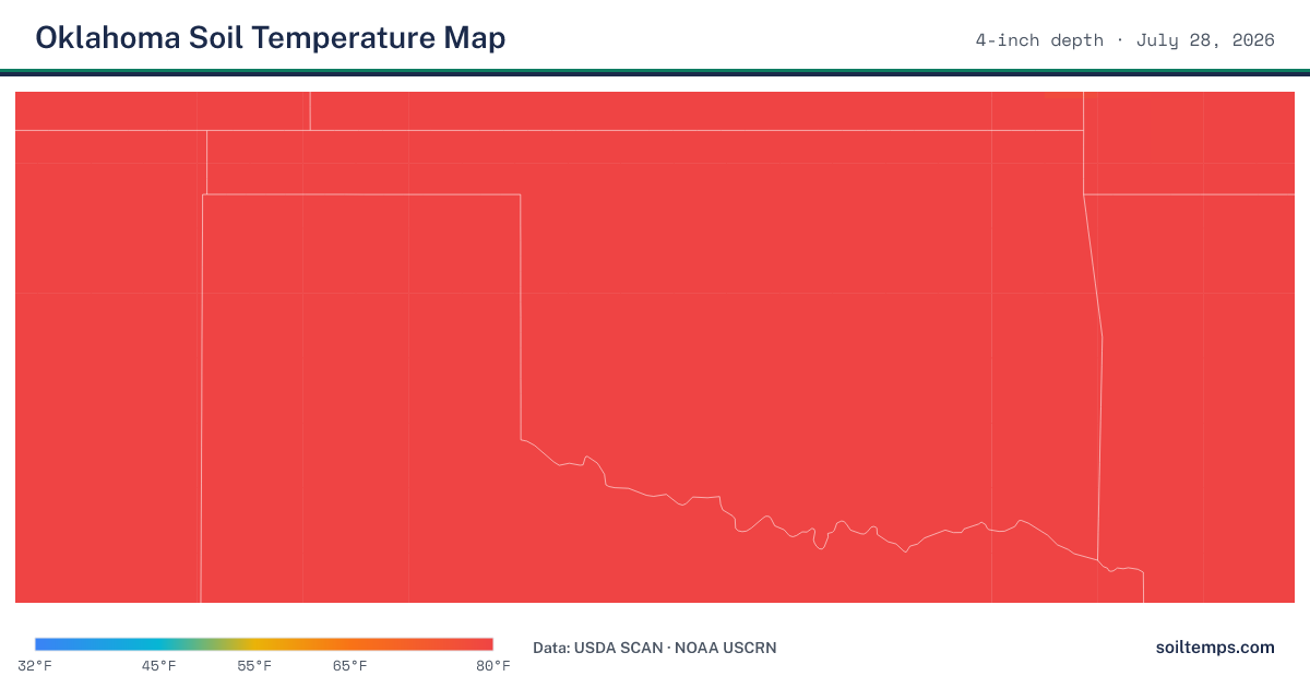 Map of current soil temperatures across Oklahoma at 4-inch depth, interpolated from USDA SCAN and NOAA USCRN stations