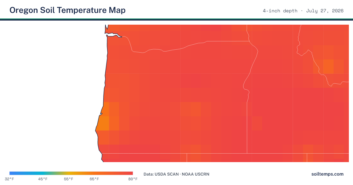 Map of current soil temperatures across Oregon at 4-inch depth, interpolated from USDA SCAN and NOAA USCRN stations