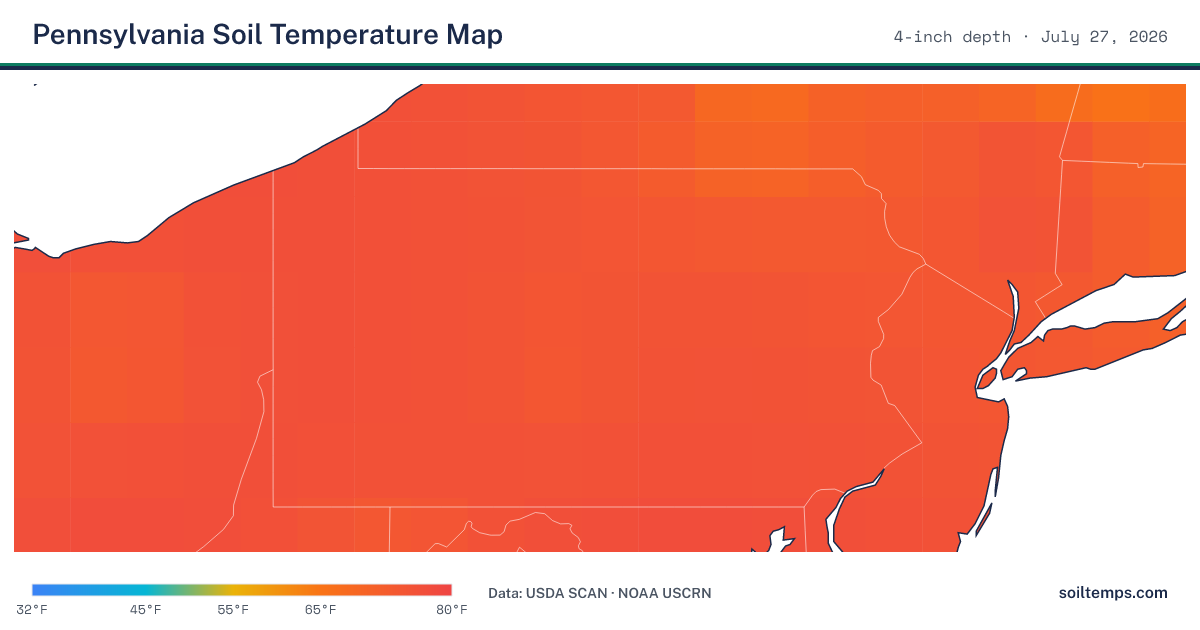 Map of current soil temperatures across Pennsylvania at 4-inch depth, interpolated from USDA SCAN and NOAA USCRN stations