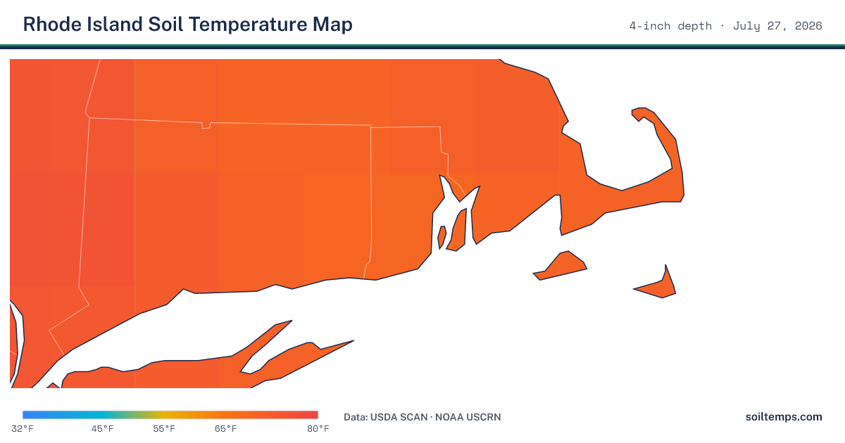 Map of current soil temperatures across Rhode Island at 4-inch depth, interpolated from USDA SCAN and NOAA USCRN stations
