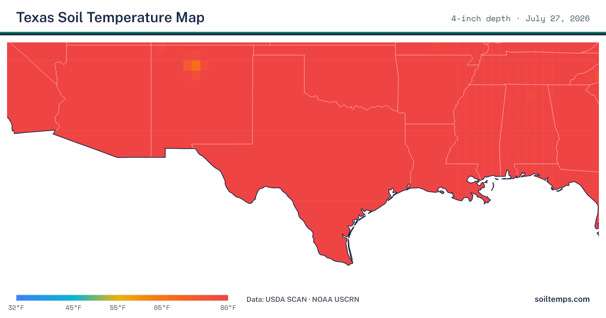 Map of current soil temperatures across Texas at 4-inch depth, interpolated from USDA SCAN and NOAA USCRN stations