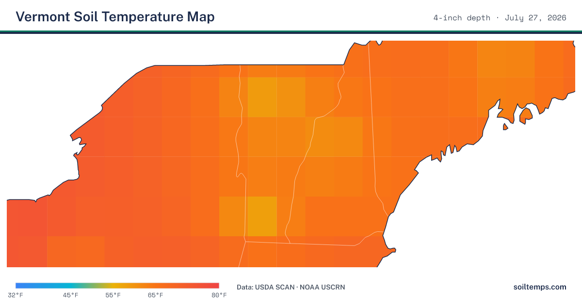 Map of current soil temperatures across Vermont at 4-inch depth, interpolated from USDA SCAN and NOAA USCRN stations