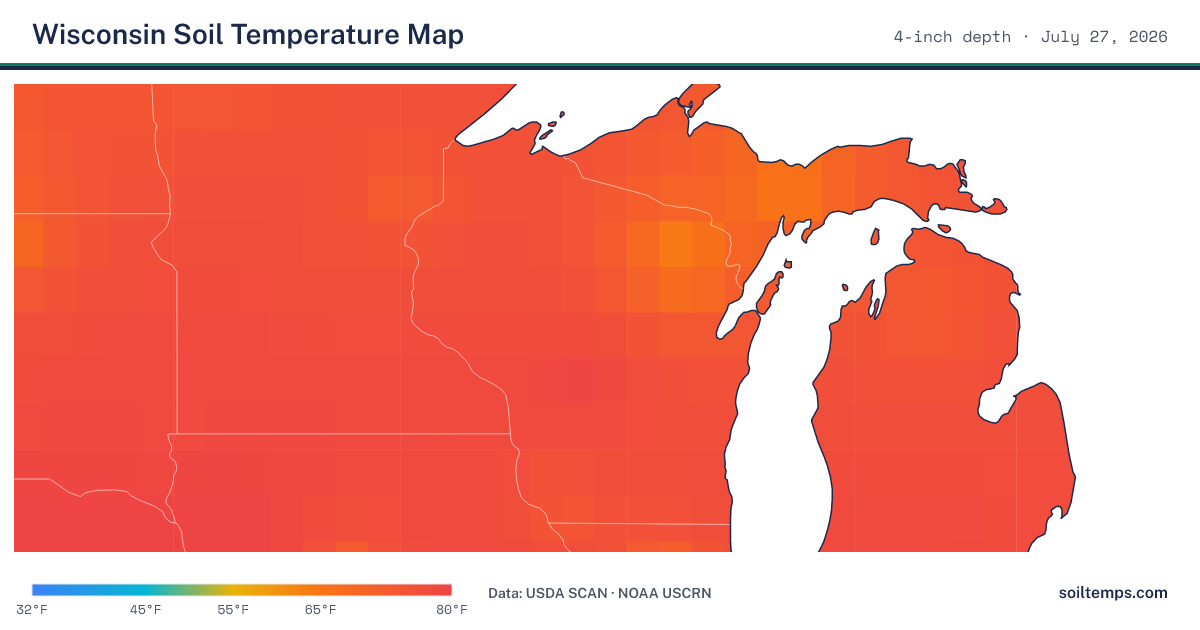 Map of current soil temperatures across Wisconsin at 4-inch depth, interpolated from USDA SCAN and NOAA USCRN stations