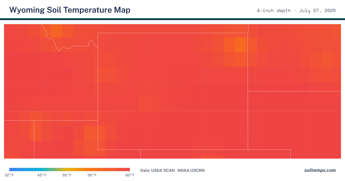 Map of current soil temperatures across Wyoming at 4-inch depth, interpolated from USDA SCAN and NOAA USCRN stations
