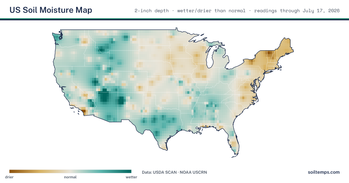 Map of current soil moisture across the United States, showing where the ground is wetter or drier than normal for this time of year, from USDA SCAN and NOAA USCRN stations